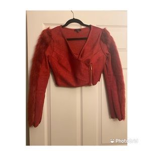 Red Cropped Blazer Top with Faux Fur